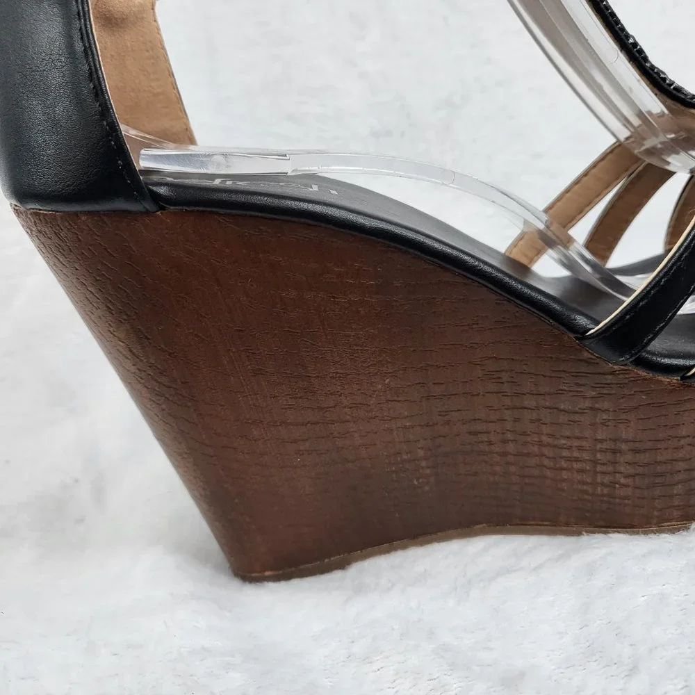 Black Blue Closed Back Wedge Sandals Faux Wood